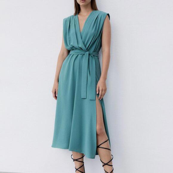 Zara Dresses & Skirts - Zara Sleeveless V-Neck Midi Dress with Waist Tie in Teal NWT